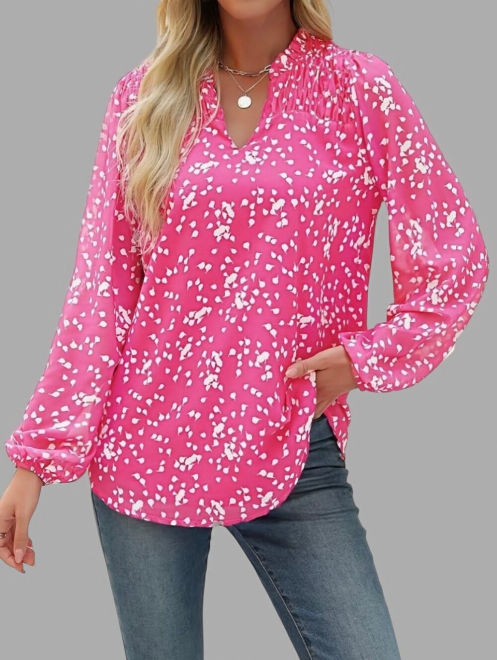 Barbie Pink Chiffon Split Neck Crinkle Blouse with Puff Sleeves